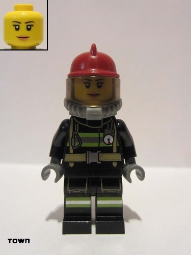 lego 2015 mini figurine cty0525 Fire Reflective Stripes with Utility Belt, Dark Red Fire Helmet, Breathing Neck Gear with Airtanks, Peach Lips Smile 