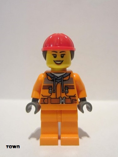 lego 2015 mini figurine cty0528 Construction Worker Chest Pocket Zippers, Belt over Dark Gray Hoodie, Red Construction Helmet with Long Hair, Black Eyebrows 