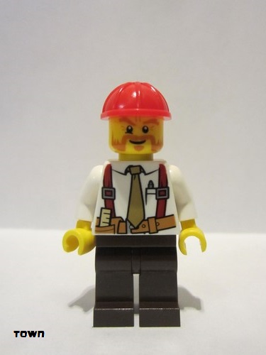 lego 2015 mini figurine cty0529 Construction Foreman Shirt with Tie and Suspenders, Dark Brown Legs, Red Construction Helmet 