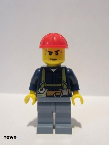 lego 2015 mini figurine cty0530 Construction Worker Shirt with Harness and Wrench, Sand Blue Legs, Red Construction Helmet, Sweat Drops 