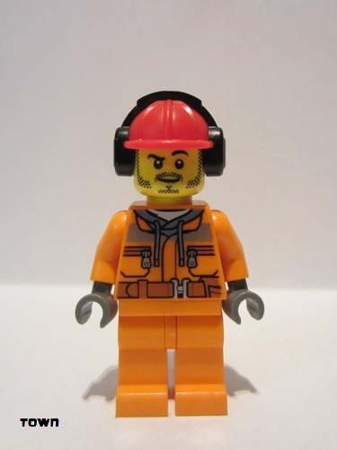 lego 2015 mini figurine cty0534 Construction Worker Chest Pocket Zippers, Belt over Dark Gray Hoodie, Red Construction Helmet with Headset 