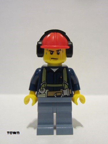 lego 2015 mini figurine cty0541 Construction Worker Shirt with Harness and Wrench, Sand Blue Legs, Red Construction Helmet with Headphones, Sweat Drops 