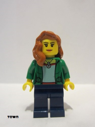 lego 2015 mini figurine cty0545 Citizen Green Female Jacket Open with Necklace, Dark Blue Legs, Dark Orange Female Hair over Shoulder 