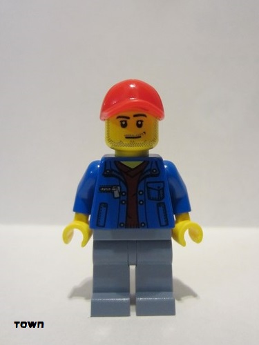 lego 2015 mini figurine cty0546 Citizen Blue Jacket over Dark Red V-Neck Sweater, Sand Blue Legs, Red Cap with Hole, Smirk and Stubble Beard 