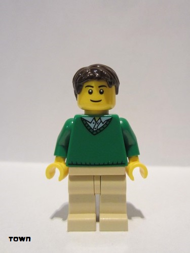 lego 2015 mini figurine cty0547 Citizen Green V-Neck Sweater, Tan Legs, Dark Brown Short Tousled Hair, Thin Grin 