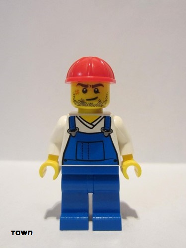 lego 2015 mini figurine cty0555 Citizen Overalls Blue over V-Neck Shirt, Blue Legs, Red Construction Helmet, Crooked Smile and Scar 