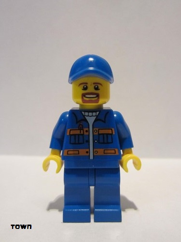 lego 2015 mini figurine cty0556 Citizen Blue Jacket with Pockets and Orange Stripes, Blue Legs, Blue Cap with Hole, Brown Moustache and Goatee 