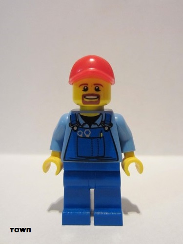 lego 2015 mini figurine cty0570 Citizen Overalls with Tools in Pocket Blue, Red Cap with Hole, Brown Moustache and Goatee 