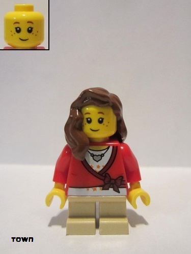 lego 2015 mini figurine cty0572 Citizen Sweater Cropped with Bow, Heart Necklace, Tan Short Legs, Reddish Brown Female Hair over Shoulder 