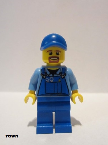 lego 2015 mini figurine cty0574 Citizen Overalls with Tools in Pocket Blue, Blue Cap with Hole, Brown Moustache and Goatee 