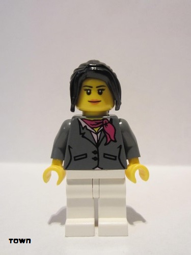 lego 2015 mini figurine cty0575 City Square Car Saleswoman Dark Bluish Gray Jacket with Magenta Scarf, White Legs, Black Hair Ponytail Long with Side Bangs 