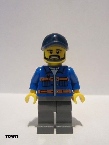 lego 2015 mini figurine cty0576 Citizen Blue Jacket with Pockets and Orange Stripes, Dark Bluish Gray Legs, Dark Blue Cap with Hole, Black Beard 