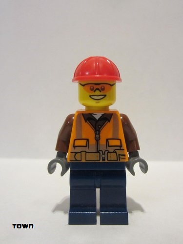 lego 2015 mini figurine cty0584 Construction Worker Orange Zipper, Safety Stripes and Belt over Brown Shirt, Dark Blue Legs, Red Construction Helmet, Orange Sunglasses 