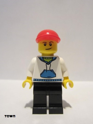 lego 2015 mini figurine twn225 Citizen White Hoodie with Blue Pockets, Black Legs, Red Short Bill Cap, Crooked Smile 