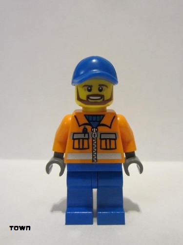 lego 2015 mini figurine twn231 Construction Worker Orange Zipper, Safety Stripes, Orange Arms, Blue Legs, Blue Cap with Hole 