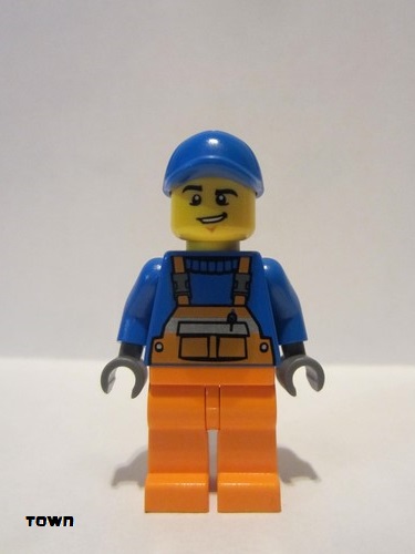 lego 2015 mini figurine twn232 Citizen Overalls with Safety Stripe Orange, Orange Legs, Blue Cap with Hole, Lopsided Grin 