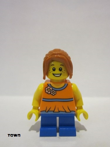lego 2015 mini figurine twn238 Girl Blue Short Legs, Dark Orange Hair Ponytail Long with Side Bangs 