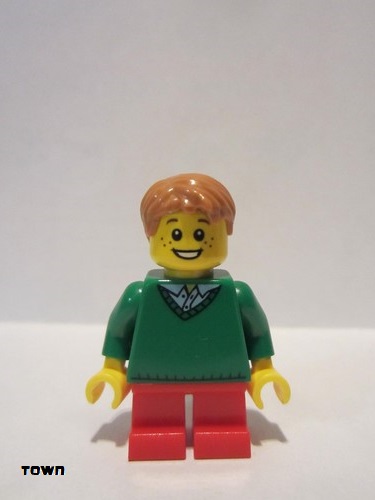 lego 2015 mini figurine twn242 Boy Green V-Neck Sweater, Red Short Legs 