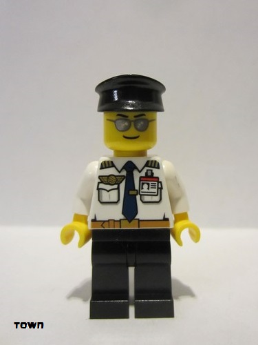 lego 2016 mini figurine air049 Airport - Pilot White Shirt with Dark Blue Tie, Belt and ID Badge, Black Legs, Black Hat 