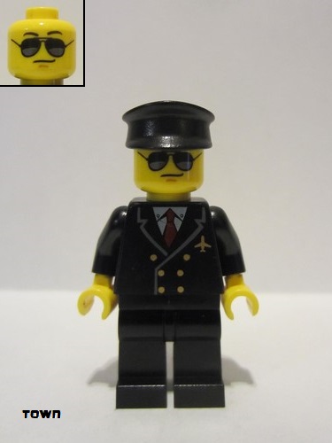 lego 2016 mini figurine air055 Airport - Pilot Black Legs, Red Tie and 6 Buttons, Black Hat, Black and Silver Sunglasses 