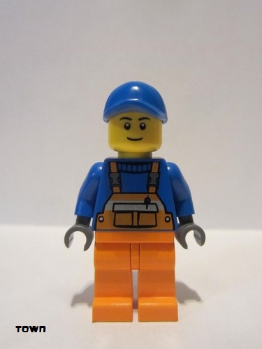 lego 2016 mini figurine cty0609 Citizen Overalls with Safety Stripe Orange, Orange Legs, Blue Short Bill Cap, Thin Grin 