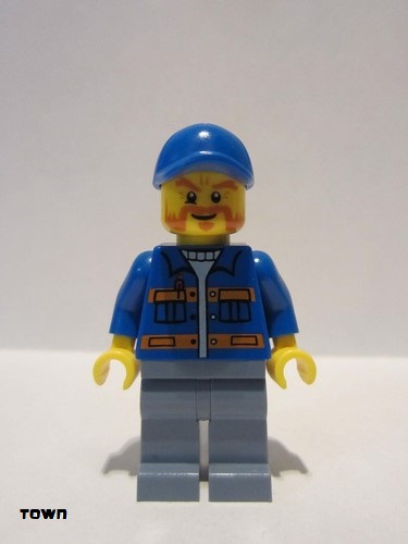 lego 2016 mini figurine cty0610 Citizen Blue Jacket with Pockets and Orange Stripes, Sand Blue Legs, Blue Short Bill Cap, Beard 