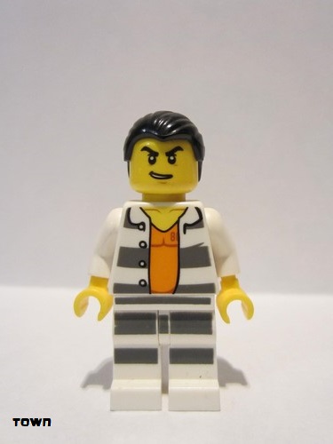 lego 2016 mini figurine cty0613 Police - Jail Prisoner Shirt with Prison Stripes and Orange Undershirt, Striped Legs, Hair Combed 