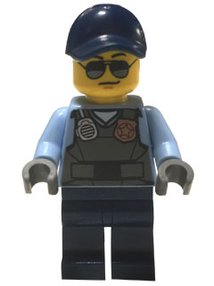 lego 2016 mini figurine cty0619 Police - City Officer Sunglasses, Gray Vest with Radio and Gold Badge, Dark Blue Legs, Dark Blue Cap 