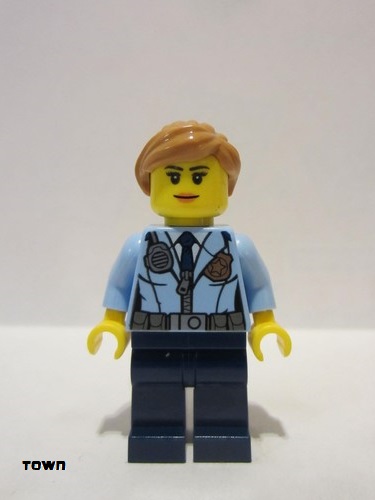 lego 2016 mini figurine cty0620 Police - City Officer Female, Jacket with Dark Blue Tie, Radio and Gold Badge, Dark Blue Legs, Medium Nougat Ponytail and Swept Sideways Fringe 