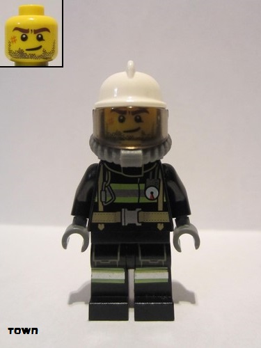 lego 2016 mini figurine cty0628 Fire Reflective Stripes with Utility Belt, White Fire Helmet, Breathing Neck Gear with Airtanks, Trans Black Visor, Beard Stubble 