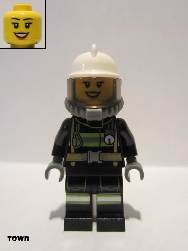 lego 2016 mini figurine cty0629 Fire Reflective Stripes with Utility Belt, White Fire Helmet, Breathing Neck Gear with Airtanks, Trans Black Visor, Peach Lips Open Mouth Smile 