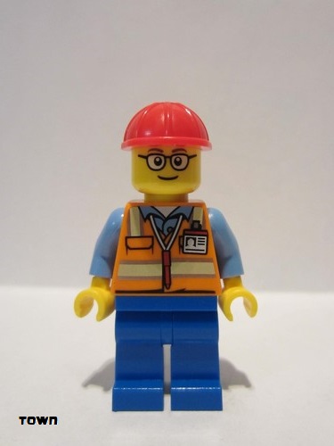 lego 2016 mini figurine cty0630 TV Tower Technician Orange Safety Vest with Reflective Stripes, Blue Legs, Red Construction Helmet, Glasses 