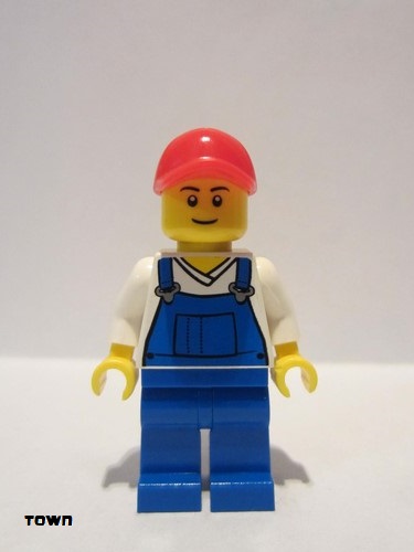 lego 2016 mini figurine cty0636 Citizen Overalls Blue over V-Neck Shirt, Blue Legs, Red Cap with Hole 