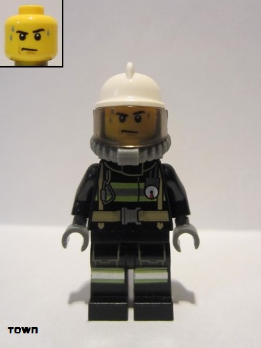 lego 2016 mini figurine cty0637 Fire Reflective Stripes with Utility Belt, White Fire Helmet, Breathing Neck Gear with Airtanks, Trans Black Visor, Sweat Drops 