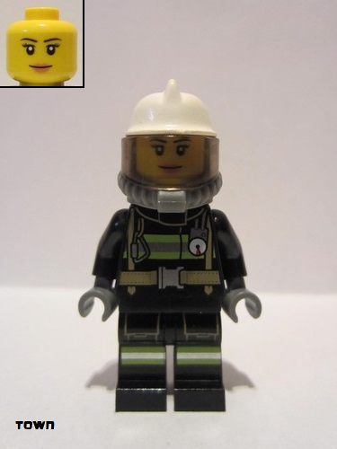 lego 2016 mini figurine cty0638 Fire Reflective Stripes with Utility Belt, White Fire Helmet, Breathing Neck Gear with Airtanks, Trans Black Visor, Peach Lips Smile 