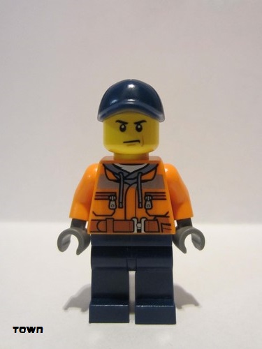 lego 2016 mini figurine cty0641 Construction Worker Chest Pocket Zippers, Belt over Dark Gray Hoodie, Dark Blue Legs, Dark Blue Cap with Hole 