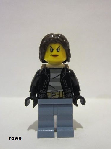 lego 2016 mini figurine cty0642 Police - City Bandit Crook Female, Sand Blue Legs, Dark Brown Mid-Length Tousled Hair, Backpack 