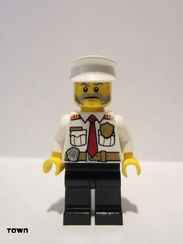lego 2016 mini figurine cty0647 Fire Boat Captain White Shirt with Red Tie, Badge, Belt, Black Legs, White Police Hat 
