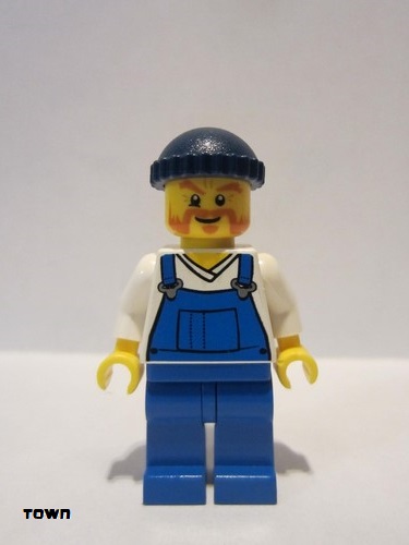 lego 2016 mini figurine cty0648 Fire Lighthouse Keeper Overalls Blue over V-Neck Shirt, Blue Legs, Dark Blue Knit Cap 
