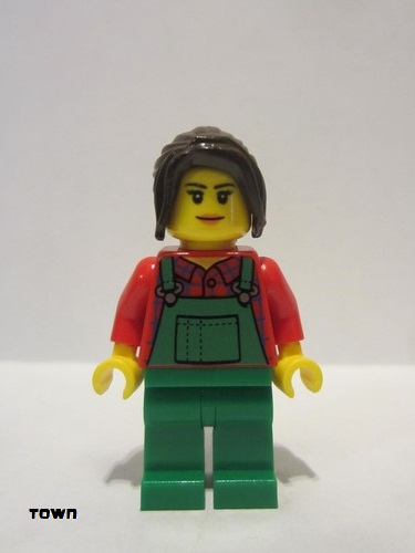 lego 2016 mini figurine cty0667 Lawn Worker Pink Lips, Green Overalls over Plaid Shirt 
