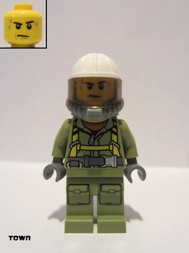 lego 2016 mini figurine cty0682 Volcano Explorer Male Worker, Suit with Harness, Construction Helmet, Breathing Neck Gear with Yellow Airtanks, Trans-Black Visor, Sweat Drops 