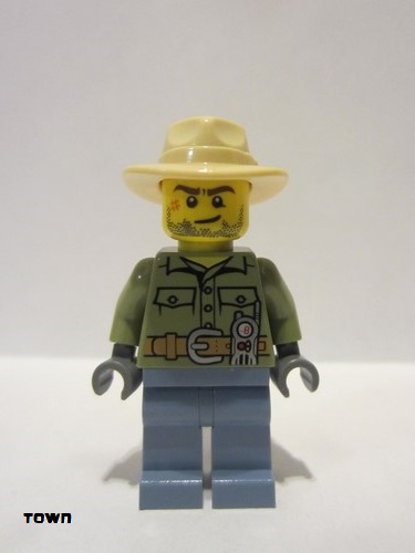 lego 2016 mini figurine cty0684 Volcano Explorer Male, Shirt with Belt and Radio, Tan Fedora Hat, Crooked Smile and Scar 