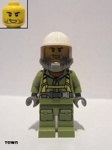lego 2016 mini figurine cty0686 Volcano Explorer Male Worker, Suit with Harness, Construction Helmet, Breathing Neck Gear with Yellow Airtanks, Trans-Black Visor, Stubble 