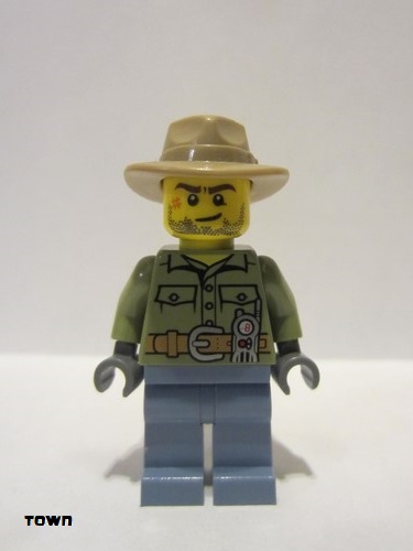 lego 2016 mini figurine cty0694 Volcano Explorer Male, Shirt with Belt and Radio, Dark Tan Fedora Hat, Crooked Smile and Scar 