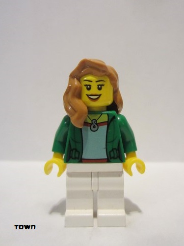 lego 2016 mini figurine cty0706 Citizen Green Female Jacket Open with Necklace, White Legs, Medium Nougat Female Hair over Shoulder, Open Smile 