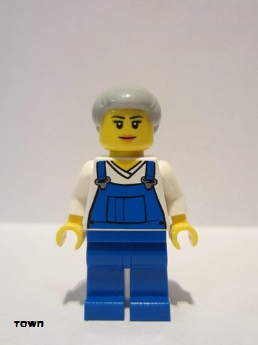 lego 2016 mini figurine cty0723 Farm Hand Female, Overalls Blue over V-Neck Shirt, Light Bluish Gray Hair with Top Knot Bun 