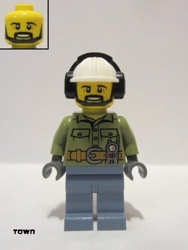 lego 2016 mini figurine cty0740 Volcano Explorer Male, Shirt with Belt and Radio, Black Angular Beard, White Construction Helmet with Black Ear Protector / Headphones 