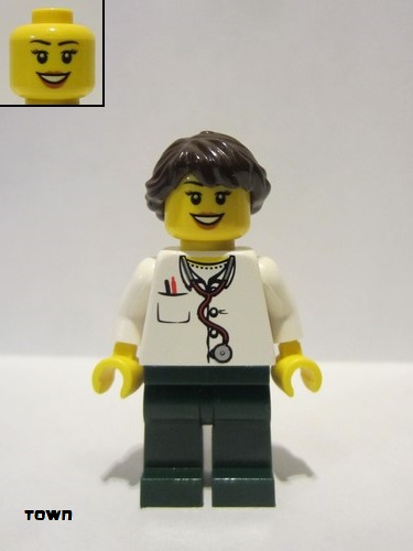 lego 2016 mini figurine doc037 Doctor Lab Coat Stethoscope and Thermometer, Dark Green Legs, Long French Braided Female Hair 