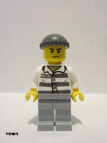 lego 2016 mini figurine jail006 Police - Jail Prisoner 86753 Prison Stripes, Dark Bluish Gray Knit Cap, Scowl 
