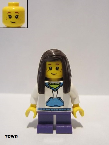 lego 2016 mini figurine twn266 Citizen White Hoodie with Blue Pockets, Dark Purple Short Legs, Dark Brown Long Straight Hair with Side Part 